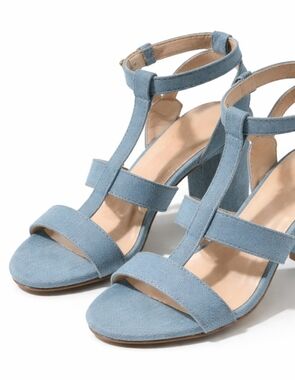 Denim Blue Strappy Block Heel Sandals Summer Chic Size 8